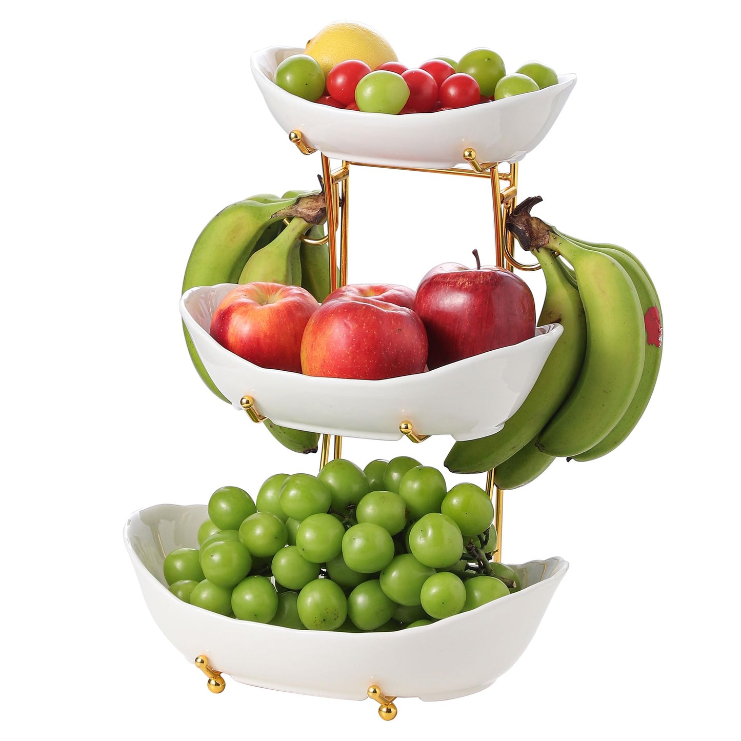 Leijosya Elegant 3-Tier Ceramic Serving Bowl Set with Gold Stand, White Decorative Display Bowls for Fruits, Desserts, Appetizers