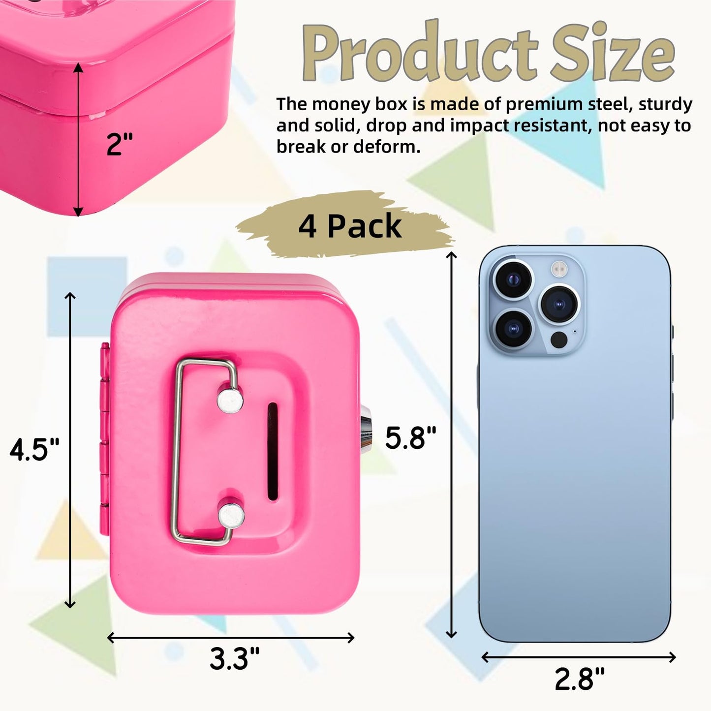 Jowgut 4 Pack Mini Cash Box, Small Metal Money Box with Key Lock, 4.5"L × 3.3"W × 2"H Durable Safe Coin Organizer Bank for Christmas New Year Gift