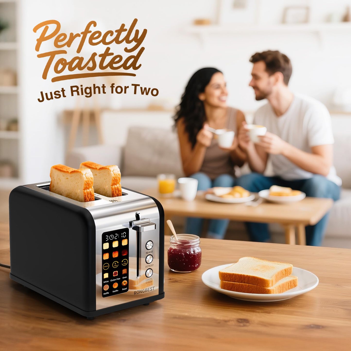 2 Slice Touch Screen Toaster Stainless Steel with Wide Slots, Even Toasting for Bagels & Bread, Defrost & Reheat, Easy Removable Crumb Tray, Matt Black