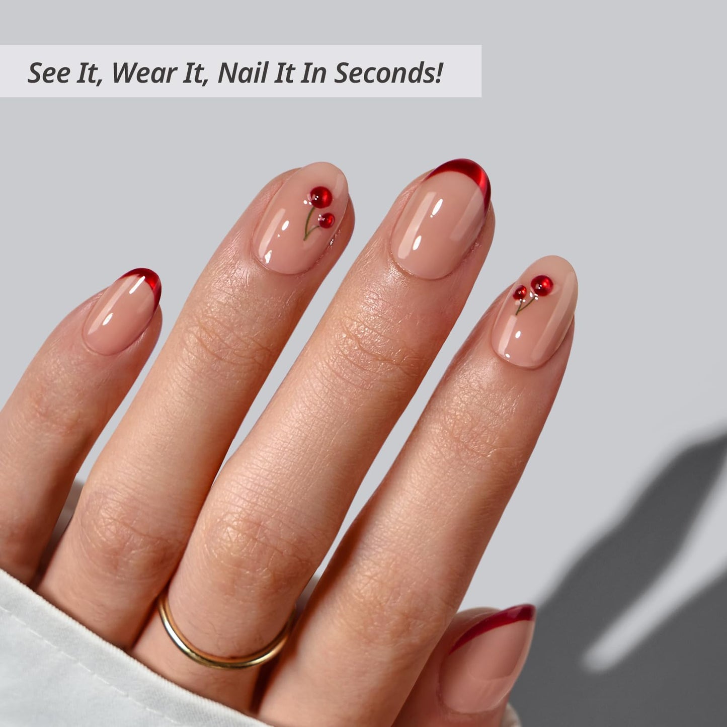 BTArtbox French Tip Press On Nails - Cherry Charm, Lamp-Curable Extra Short Red Almond Valentines Press On Nails with Glue and Adhesive Tabs for Women in 16 Sizes - 32 Soft Gel Glue On Nails Kit