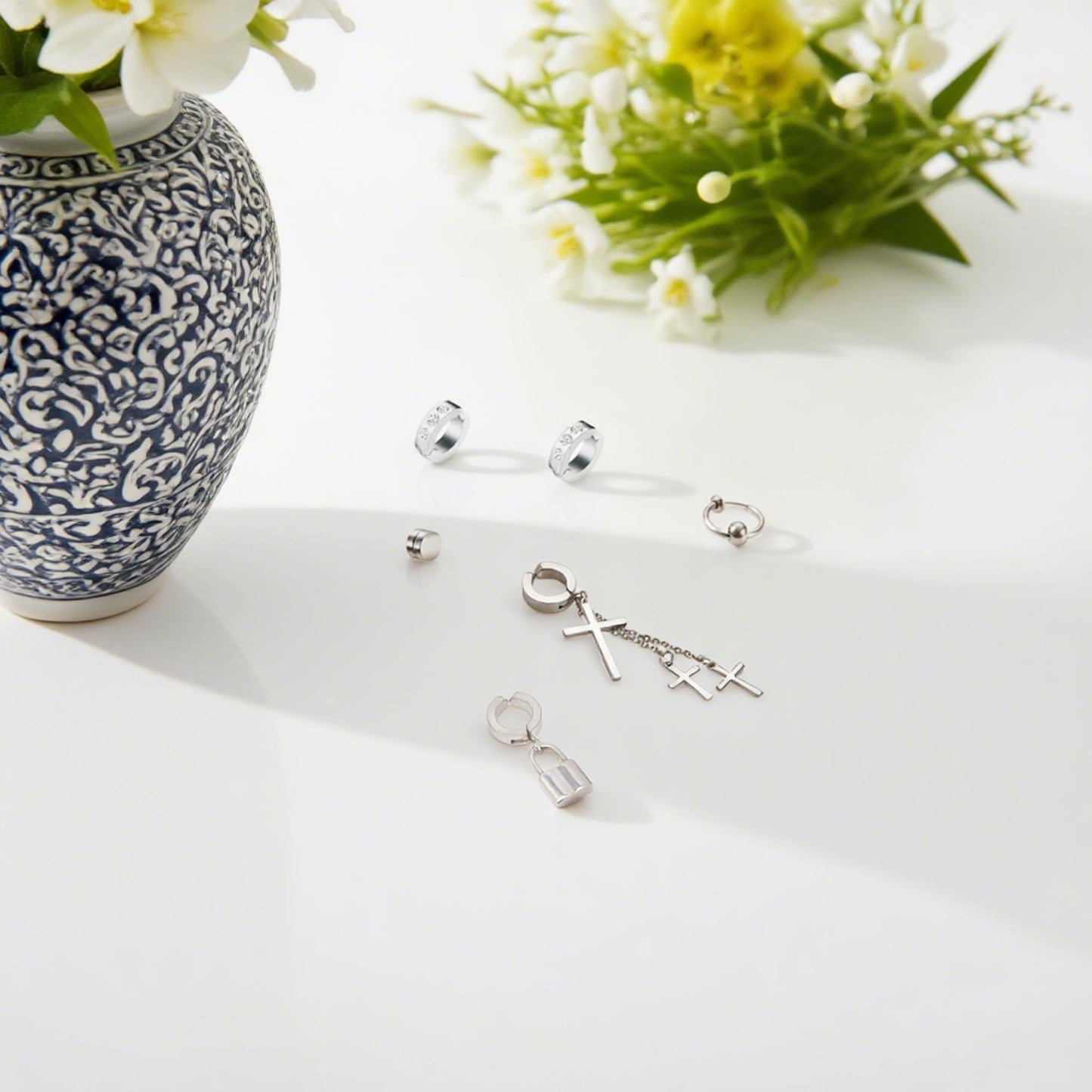 14 Pcs Silver Goth Stainless Steel Non Pierced Fake Piercing Cross Feather Spike Awl Star of David Dangle Tassel Clip on Hoop Earrings Set Jewelry for Unisex