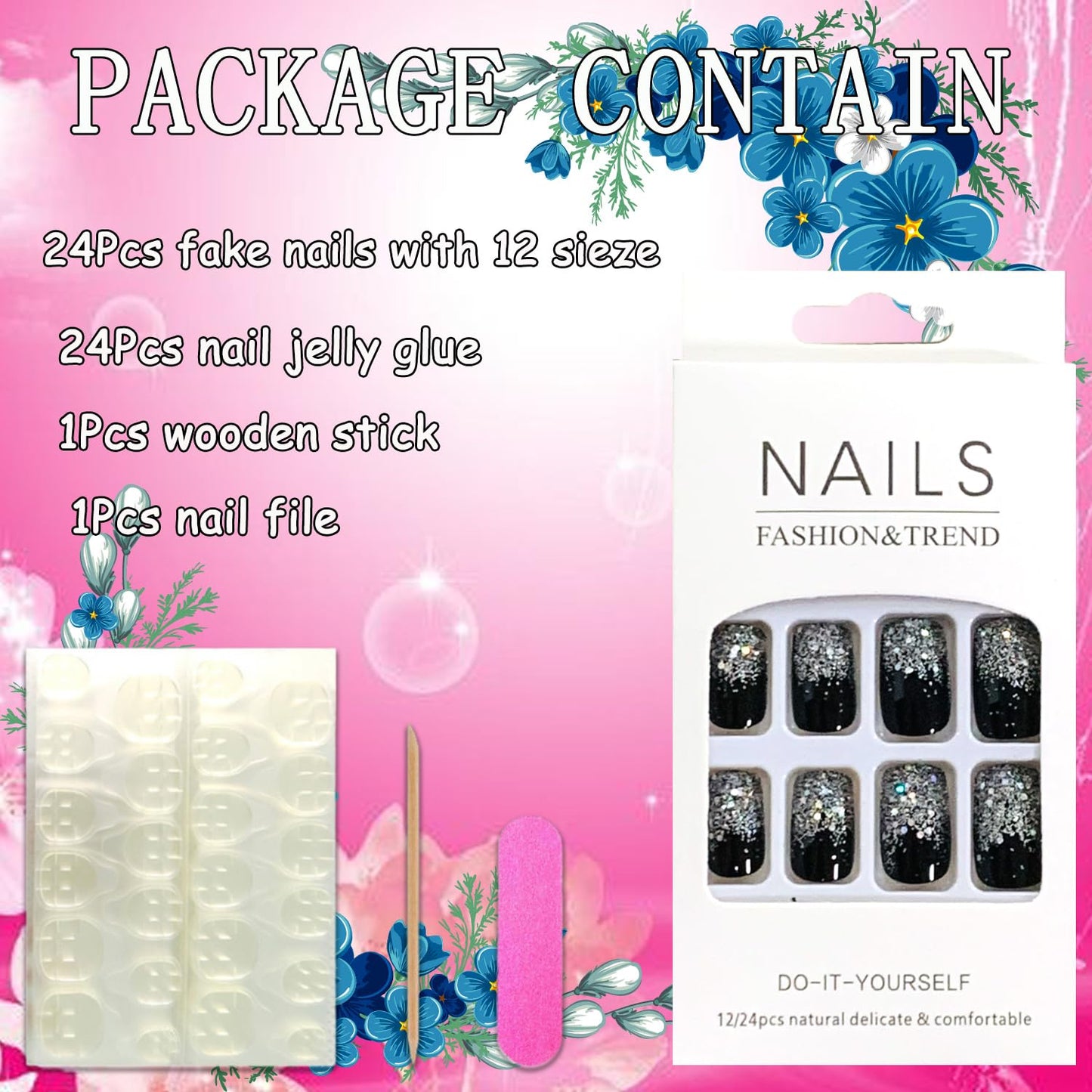 Press on Nails Medium Square Shapes 24Pcs Glossy Full Cover Artificial Black Fake Nails with Silver Glitter Designs Reusable Coffin Acrylic False Nails Glue on Fingernails with Charm for Women