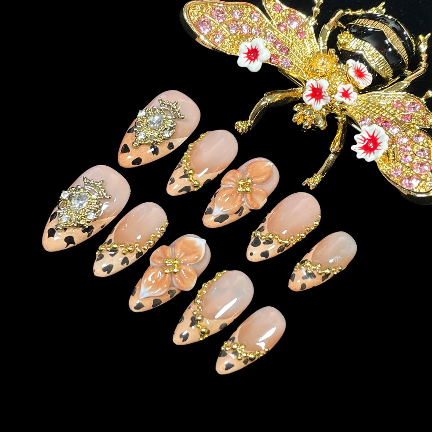 Handmade Press on Nails 3D Flower, Almond Shape, Gold Crown Jewels, Leopard Print Design, Luxury Reusable Acrylic False Nails (Gold Crown, S)