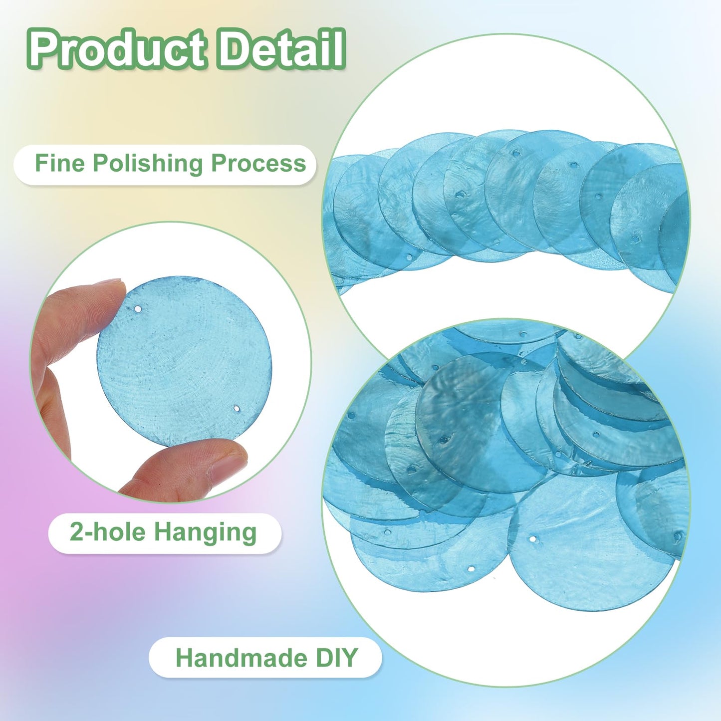 uxcell 120Pcs Capiz Shells 2" Round Natural Shells with 2 Holes for Seashell Wind Chimes Curtain Shell Garland DIY Craft Wedding Home, Light Blue