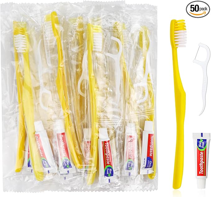 50 pcs Disposable Toothbrushes with Toothpaste and Floss,Yellow Bulk Single Use Toothbrush Floss Pick Individually Wrapped Disposable Travel Toothbrushes Kit for Homeless,Airbnb,Hotel,Guest