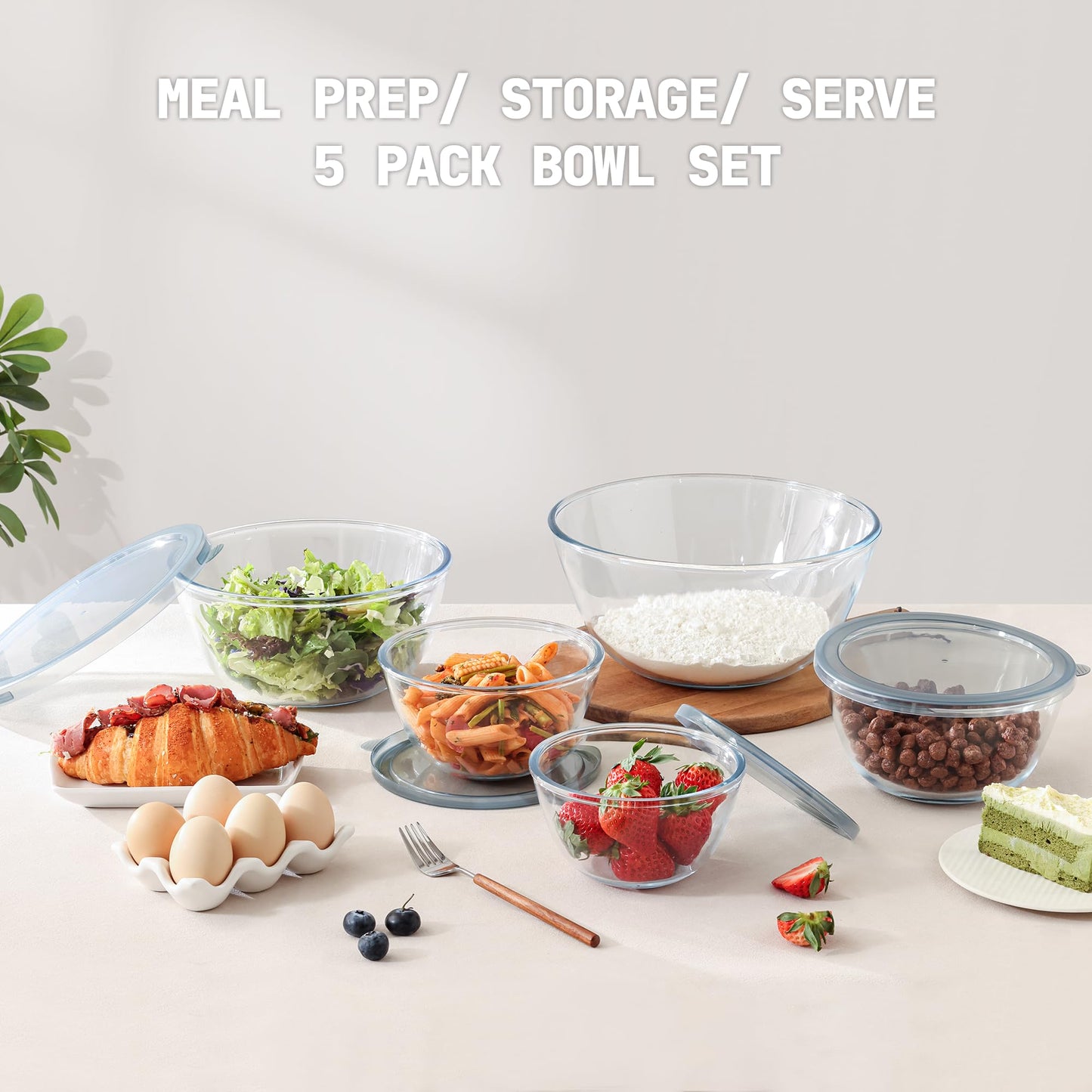 Cuiselect 5pc Glass Mixing Bowls with Lids Set (4.65QT, 2.80QT, 1.64QT, 1.16QT, 0.85QT), Nesting Salad Bowl, Large Glass Mixing Bowl for Cooking, Baking, Prepping-Dishwasher Microwave Freezer Safe
