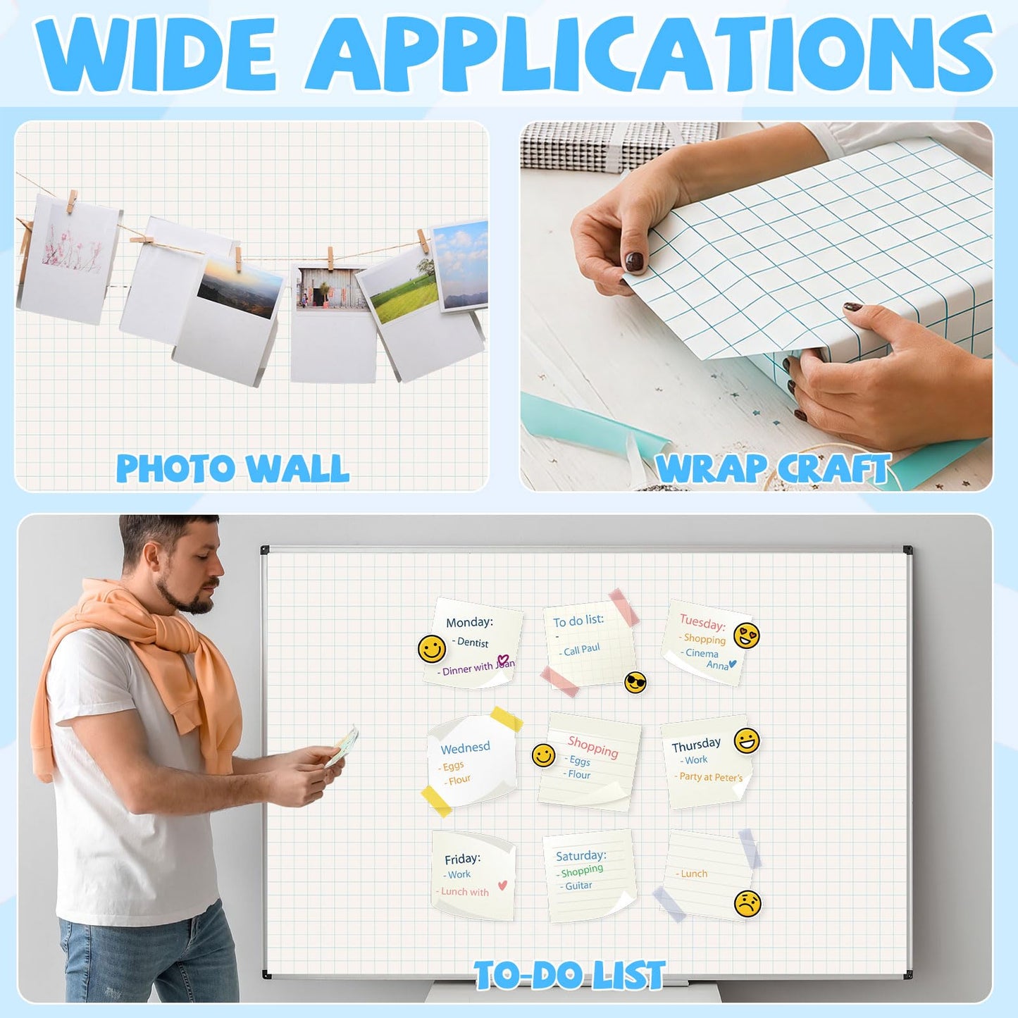 Blue Grid Graph Bulletin Board Roll Reusable Waterproof Erasable Blue Grid Non-Woven Fabric Bulletin Board Roll Loose Leaf Graph Poster for Teacher Classroom Decors Wrap Crafts 15.75" x 12ft