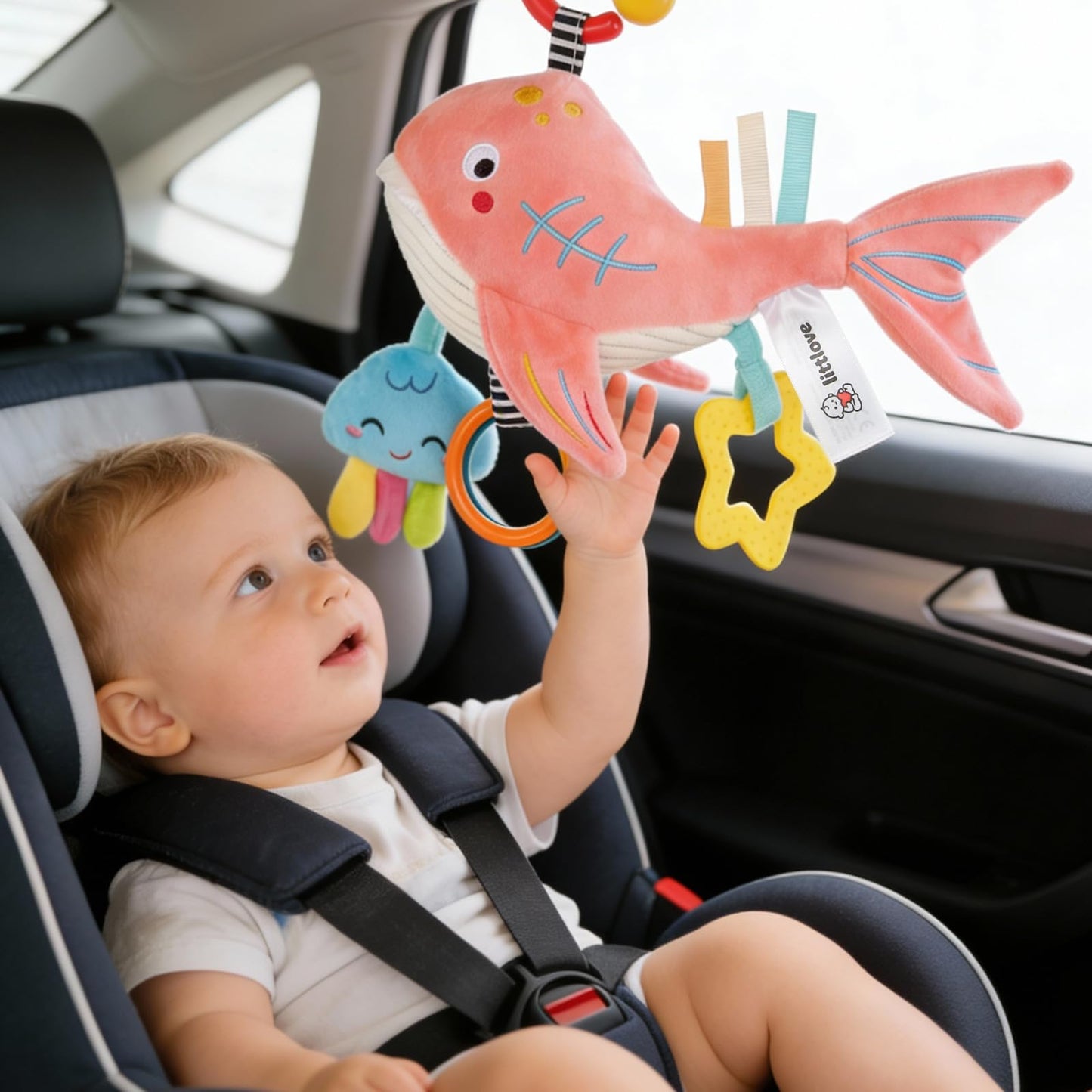 Pull Musical Toys for Car Seat 6-12 Months, Travel Sensory Toy 3-6 Months, Montessori Plush Toys for Roadtrip with Teether Crinkle Textures Clackers Squeaky Pulling Cords Newborn Infant Valentine Gift