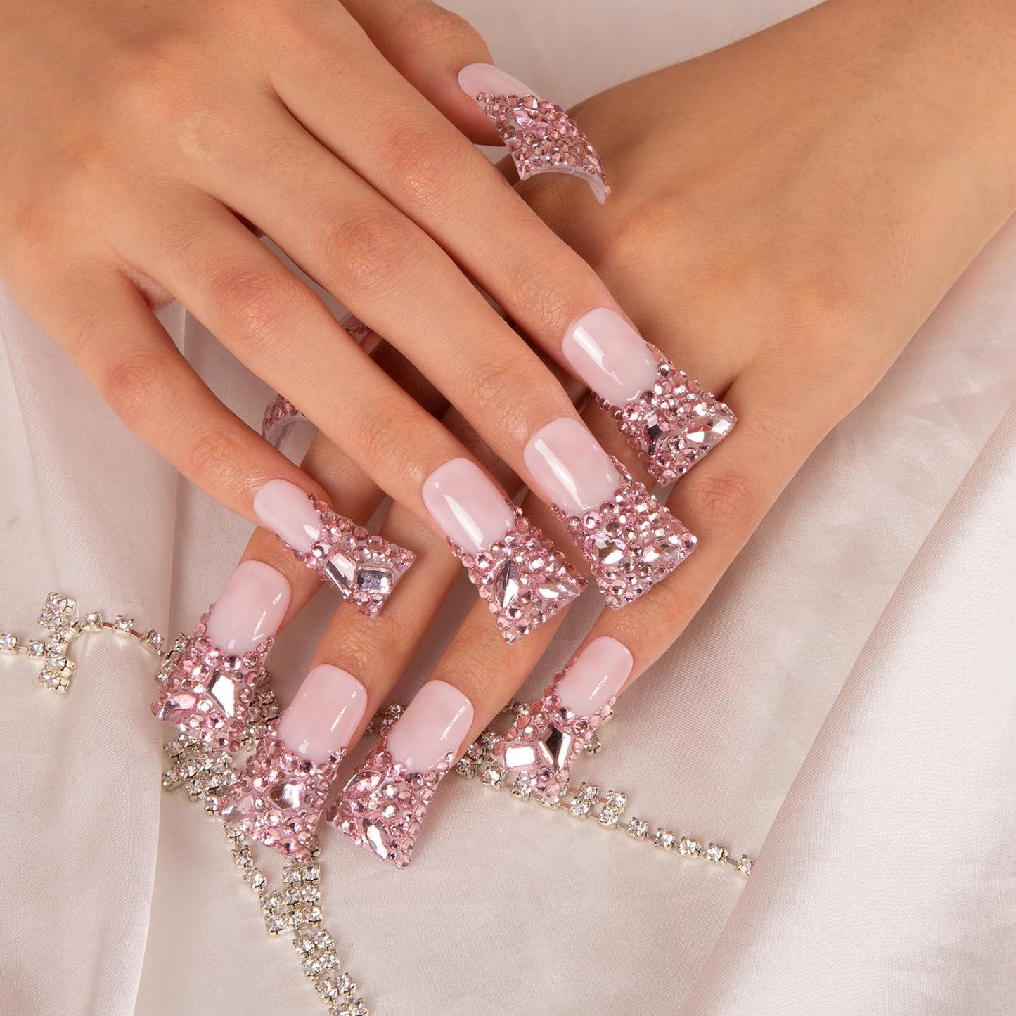 LOVFUL Press on Nails Pink French Tip Rhinestone | Handmade with Full Covered Crystals | Reusable Fake Nails | Duck Classic Regular 1.3 in | H27-M