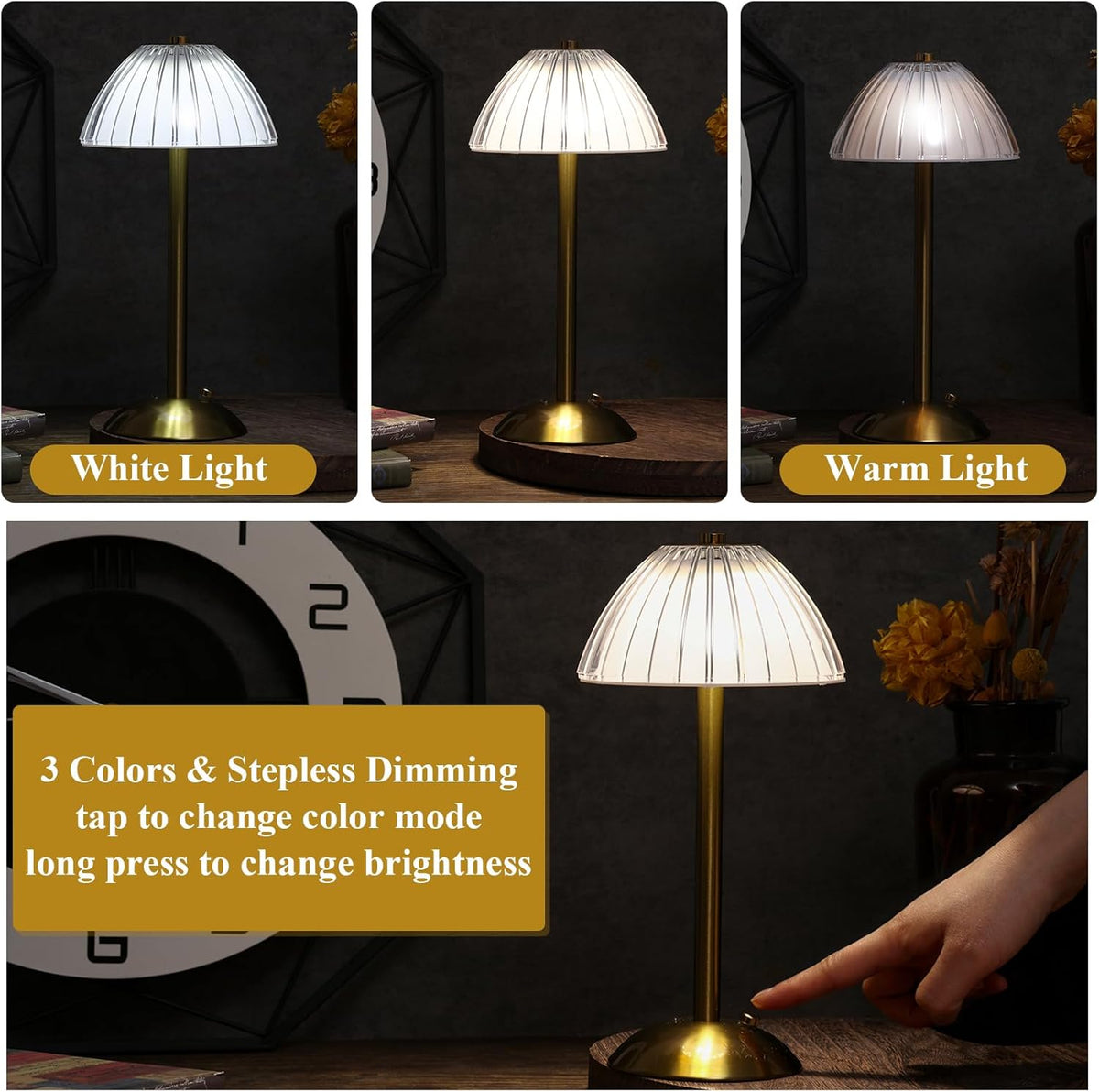 Liliful 6 Pcs LED Portable Cordless Table Lamp Touch Battery Operated Rechargeable Desk Lamp 3 Color Dimmable for Bedroom Living Room Dining (Mushroom Style,Gold)
