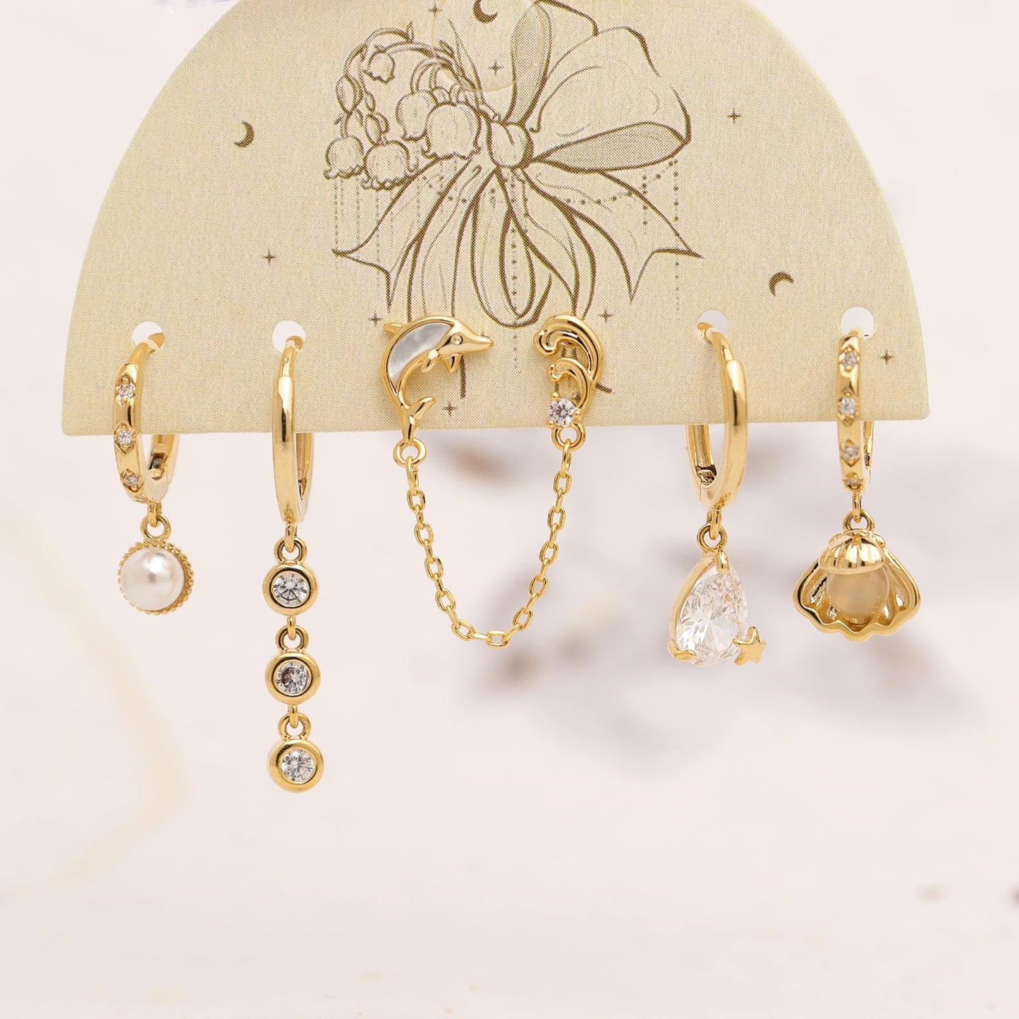 Frigotine 3PCS Gold Pearl Hoop Stud Earrings Stack Set for Women, Dainty Rhinestone Teardrop Chain Dolphin Shell Multiple Piercing Cartilage Summer Beach Jewelry Gift