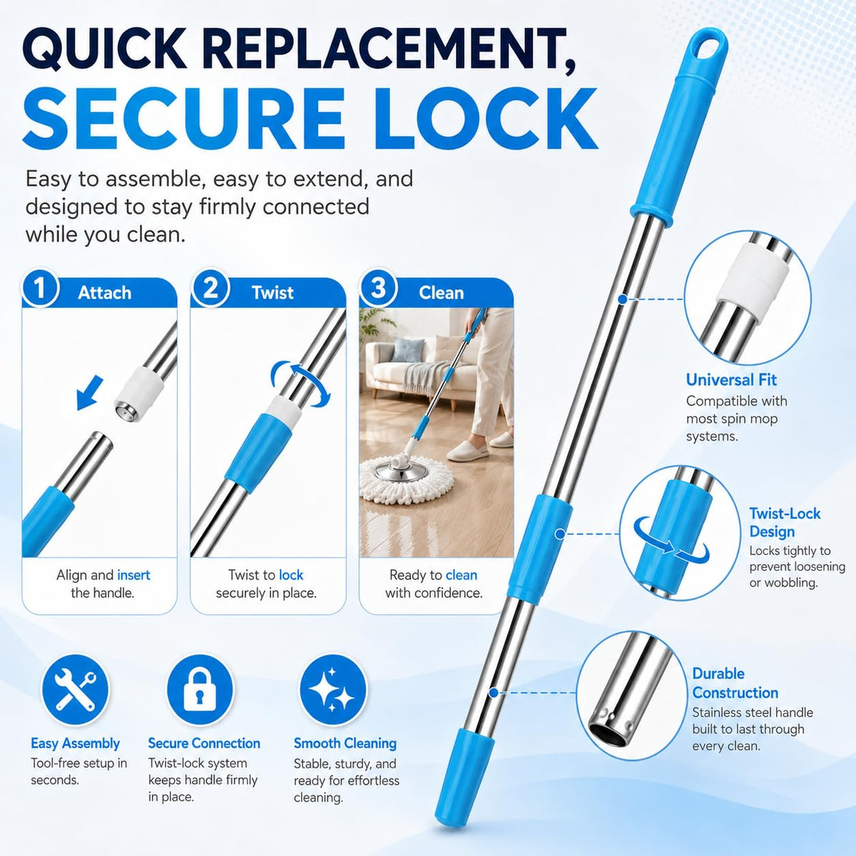 Extended Spin Mop Replacement Mop Handle