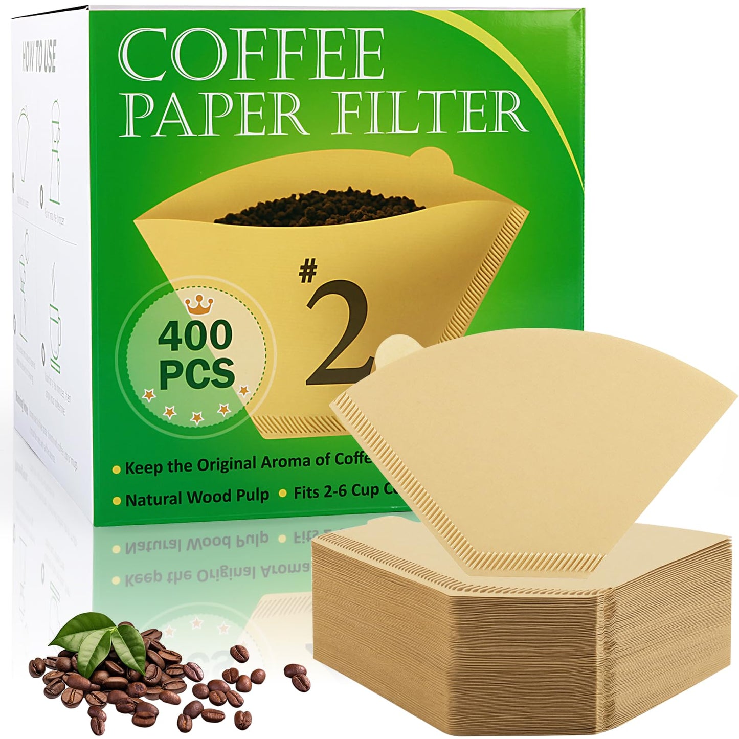 YQL 400 Count Coffee Filters, #2 Natural Brown Cone Filter Paper Compatible with Pour Over Drippers & Coffee Makers, Unbleached Disposable U-Shaped Filters, Clean Taste & Strong Design