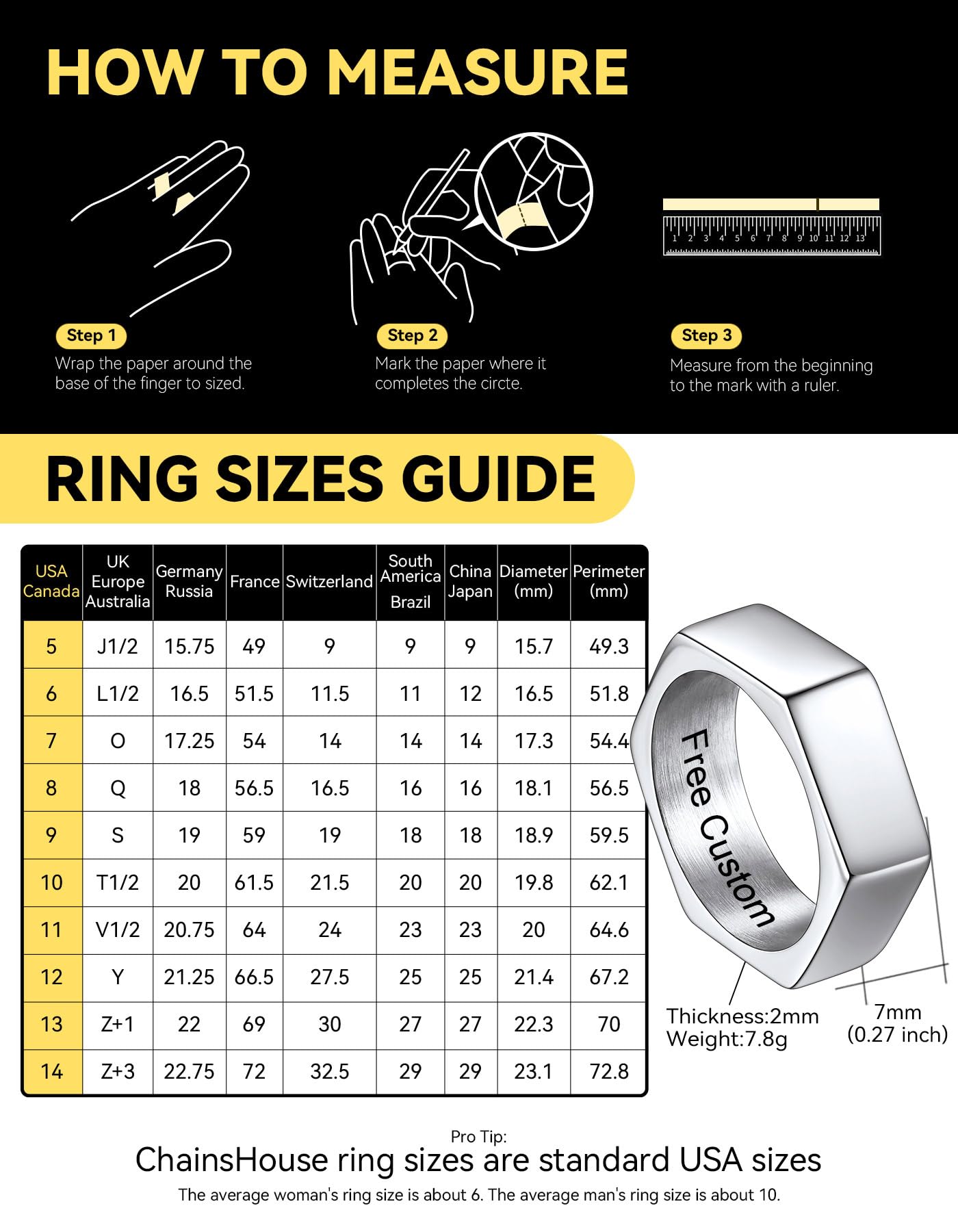 ChainsHouse Hexagon Ring Stainless Steel Geometric Biker Bands Custom Engraved Punk Jewelry for Men Women, Size 14