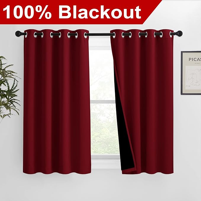 NICETOWN Kitchen Full Blackout Curtain Panels, Super Thick and Soft Insulated Window Covers, 100% Blackout Draperies with Black Backing for Cafe Window (Burgundy Red, Set of 2, 46 by 54-inch)