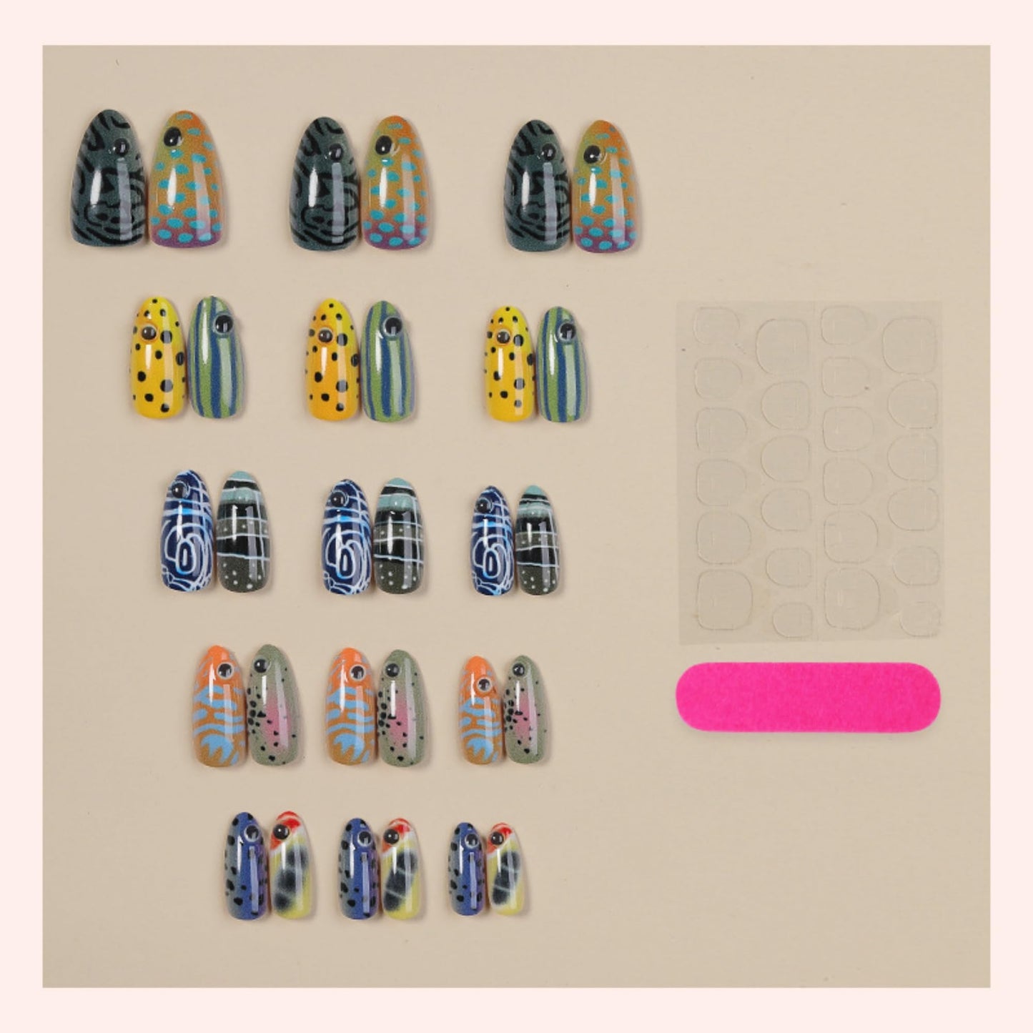 octoswave Long Almond Press on Nails with 3D Fish Patterns - Acrylic Fake Nails for Women, Ideal for Parties, Vacations & Office Wear - 30Pcs