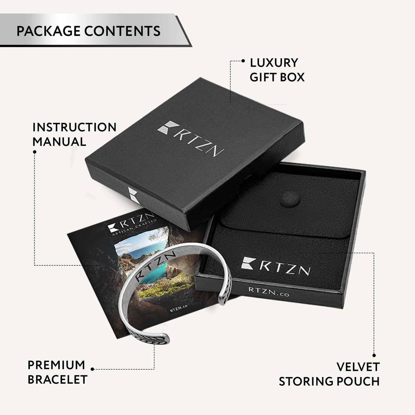 RTZN® Cuff Bracelet for Men – Premium Stainless Steel Mens Bangle Bracelets – Silver Mens Cuff Bracelet – Waterproof & Non-Tarnish Minimal Men Western Bracelet (Native Feather, Large)