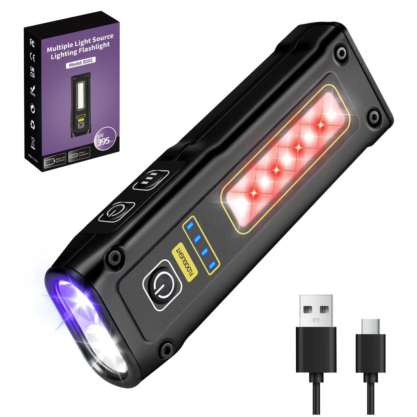 Flashlight UV Light 395nm, Blacklight EDC Flashlights Mini LED high Lumen USB -C Rechargeable Portable with Magnetic Base, COB White & Red Light, Output Emergency Power, for Pet Urine, Resin Curing