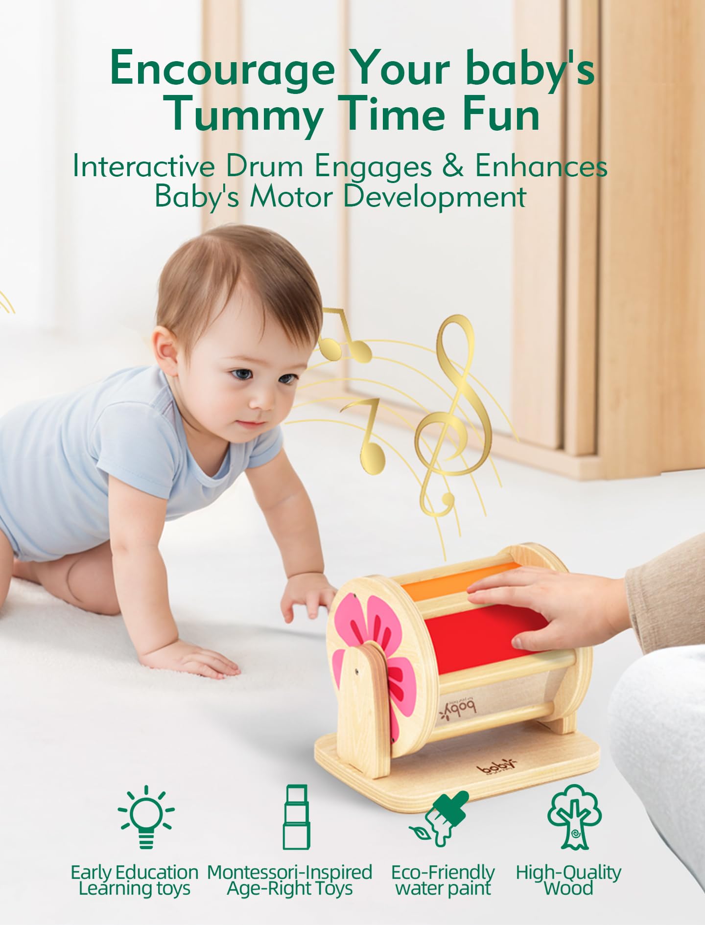 Boby Montessori Spinning Drum: Sensory Experience for Babies 6-12 Months - Engage, Explore, and Learn with Our Wooden Infant Toy