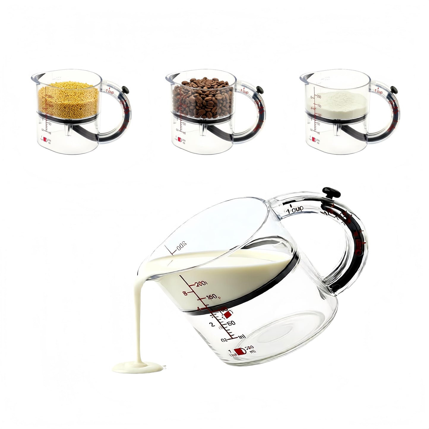 4 in1 Adjustable Measuring Cup with Self-Cleaning Scraper Base - Space-Saving Kitchen Tool for Baking, Cooking & Meal Prep (1/4 to 1 Cup)