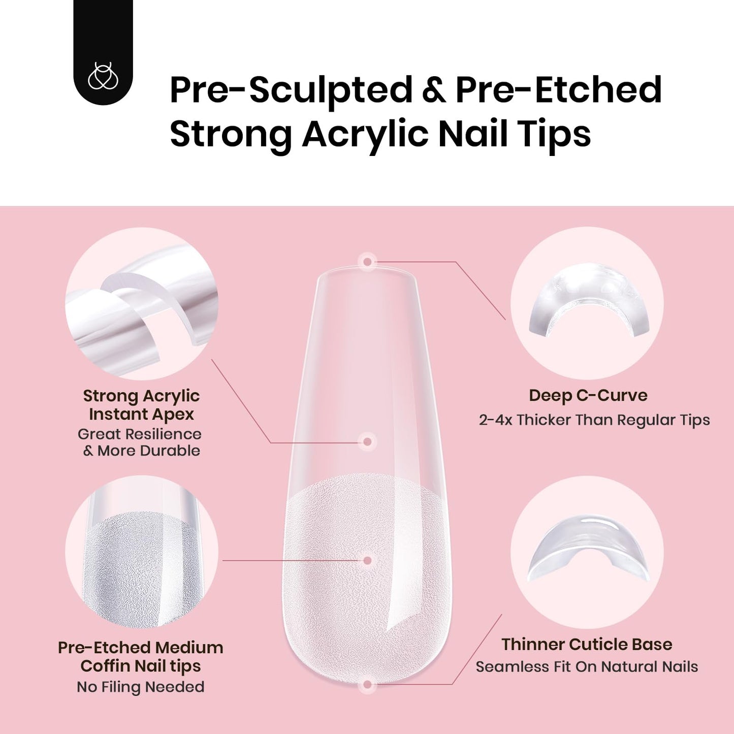 Beetles Tipex Instant Apex Nail Tips, Coffin Medium, 16 Sizes (00–14), 192pcs, Built-In Apex, No Builder Gel Required, Thicker Strong Acrylic Tips for DIY Nail Extensions