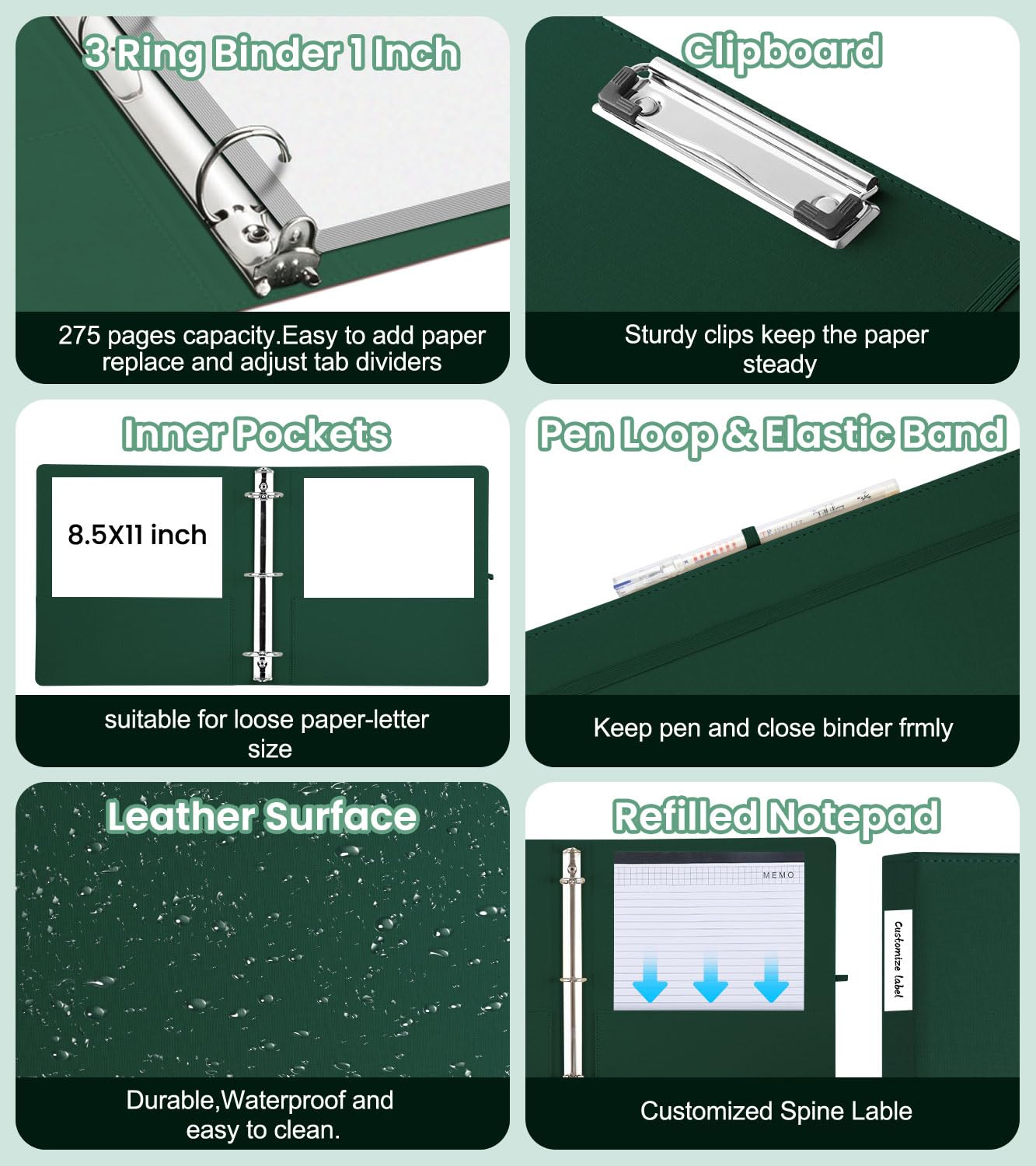 BVSSX 3 Ring Binder with Clipboard,1 Inch Binders with Notepad&5 Dividers with Pockets, Labels,PU Clipboards for School Office(Green,Letter Size)