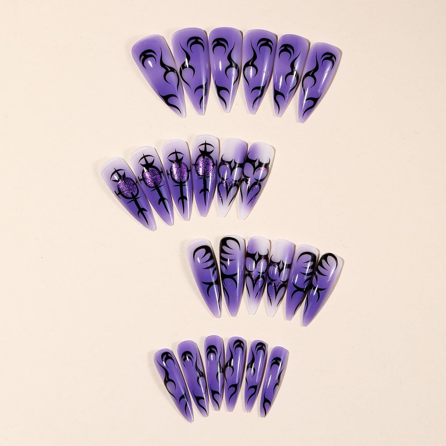 SEENEEY Halloween Press on Nails Long Stiletto Fake Nails Purple Artificial Nail Press ons with Black Charm Designs Designs Stick on Nail for Women 24pcs