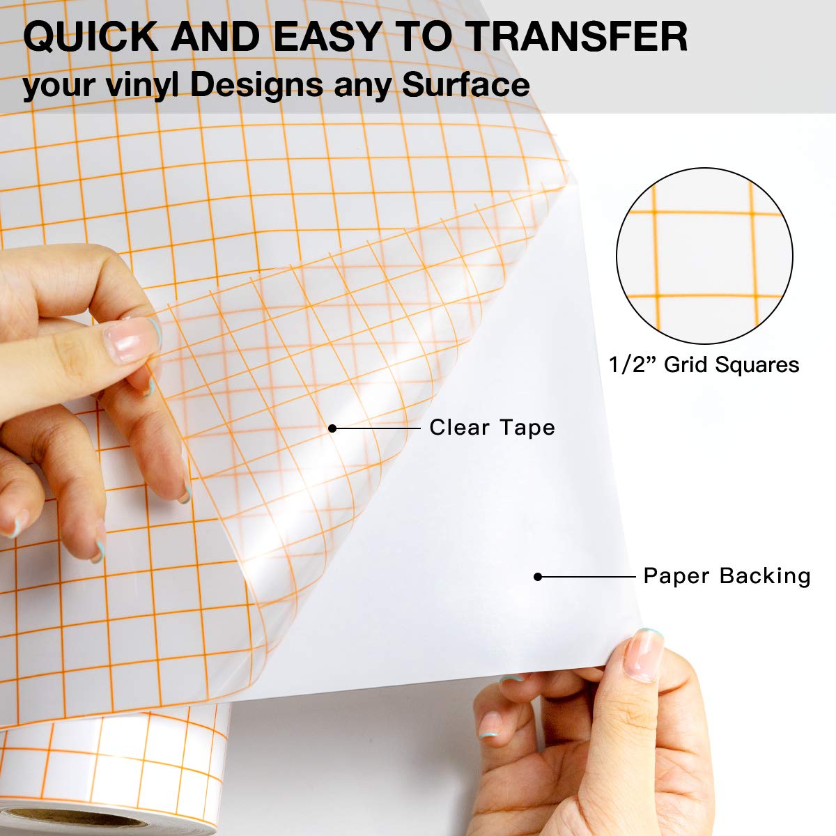 Transfer Tape for Vinyl - 12" x 70 FT w/Orange Alignment Grid for Adhesive Vinyl - Medium Tack Vinyl Transfer Tape for Silhouette Cameo, Decals, Signs, Windows and Stickers
