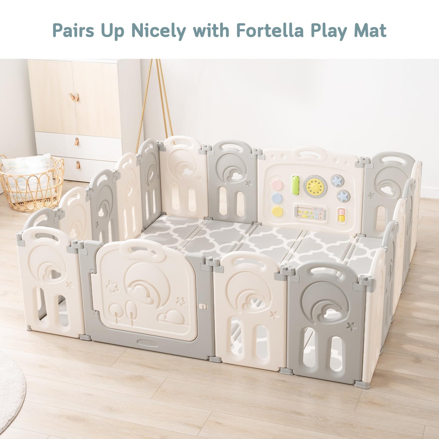 Fortella Cloud Castle Foldable Playpen, Baby Safety Play Yard with Writing Whiteboard and Activity Wall, Pack and Play for Toddlers 1-3, Indoors or Outdoors (Gray, 14 Panel)