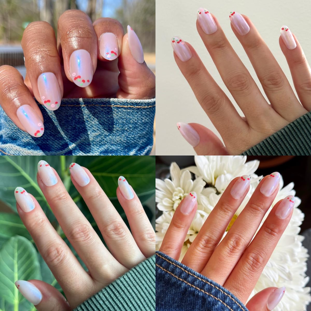 Olive & June Maximalist Instant Mani Press-On Nails (Glue) | 42 Fake Nails, 21 Sizes | Non-Toxic, Long-Lasting Big, Bold Gorgeous Realistic Look | Medium, Oval | Cherry Floral Chrome French