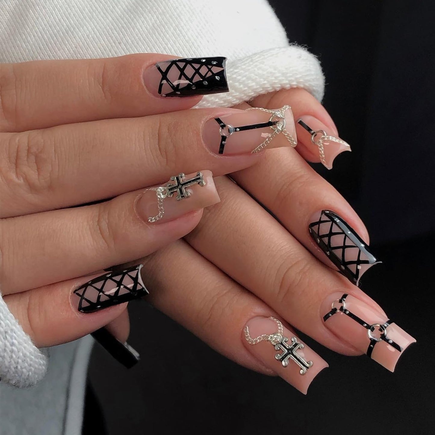 IMSOHOT Press on Nails Square Medium Fake Nails Black Nude Glossy Glue on Nails Full Cover Cute Leather Belt Stick on False Nails with Designs