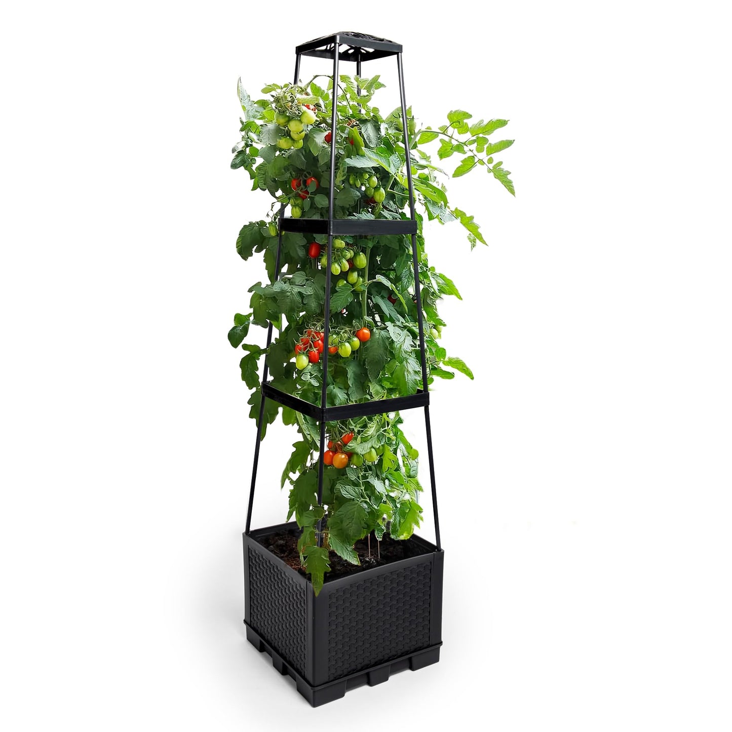 GENMOUS 3 Tiered Tomato Planter with Trellis for Small Climbing Vegetables Growing Plants, 45” Raised Garden Bed Planter Box Tomato Cage Tomato Planters for Patio Indoor Outdoor Vegetables （1 Pack）