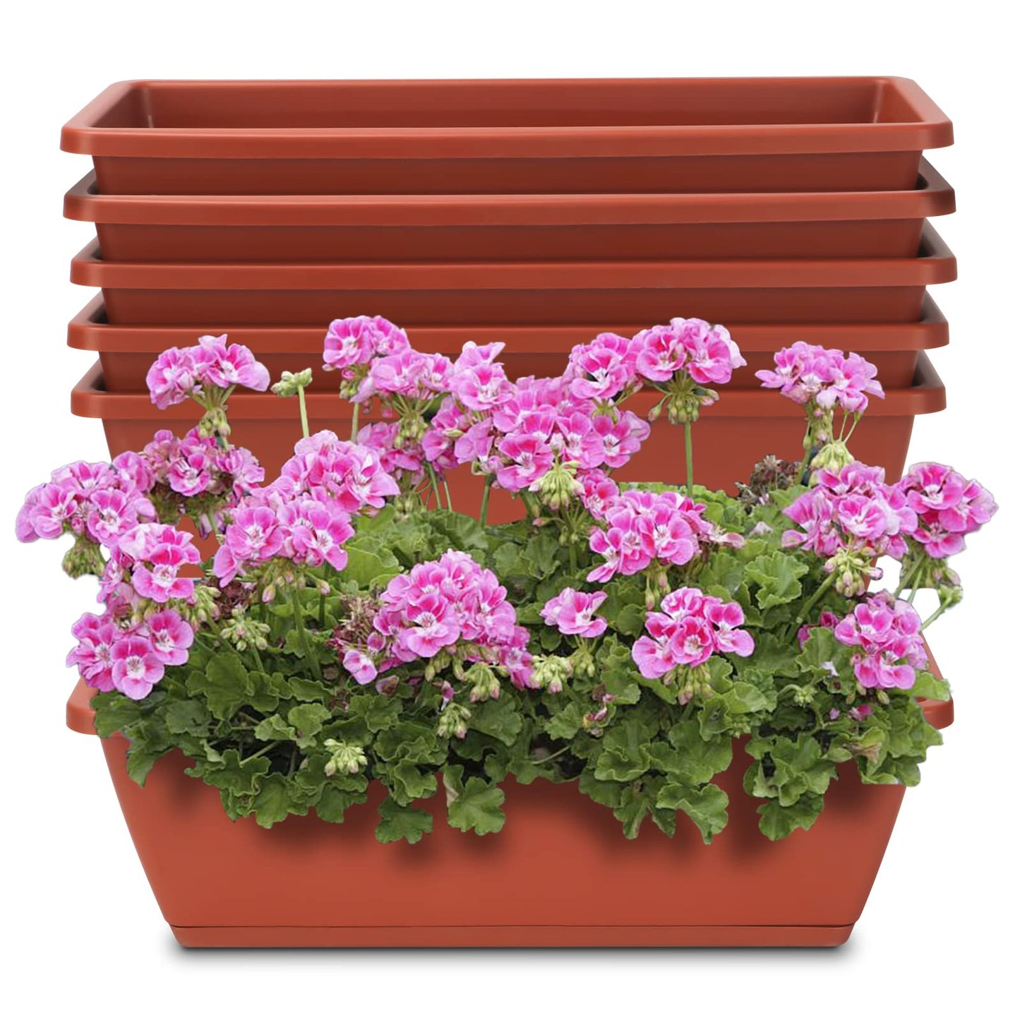 OSMOFUZE Window Box Planter, 6 Packs 17 Inches Rectangle Planters Box with Drainage Holes and Trays, Vegetable Planters for Windowsill Patio Garden Home Decor Porch Yard Red