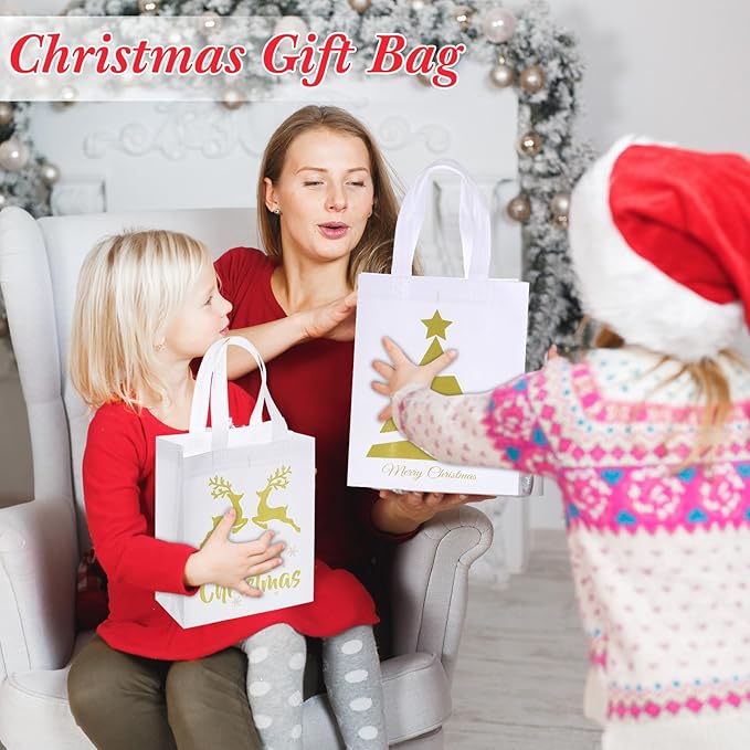 Wesnoy 24 Pcs Christmas Gift Bags Bulk 10 x 8 x 4 Inch Christmas White Gold Non Woven Party Favors Goodies Candy Bags with Handles for Holiday Gift Birthday Party Supplies
