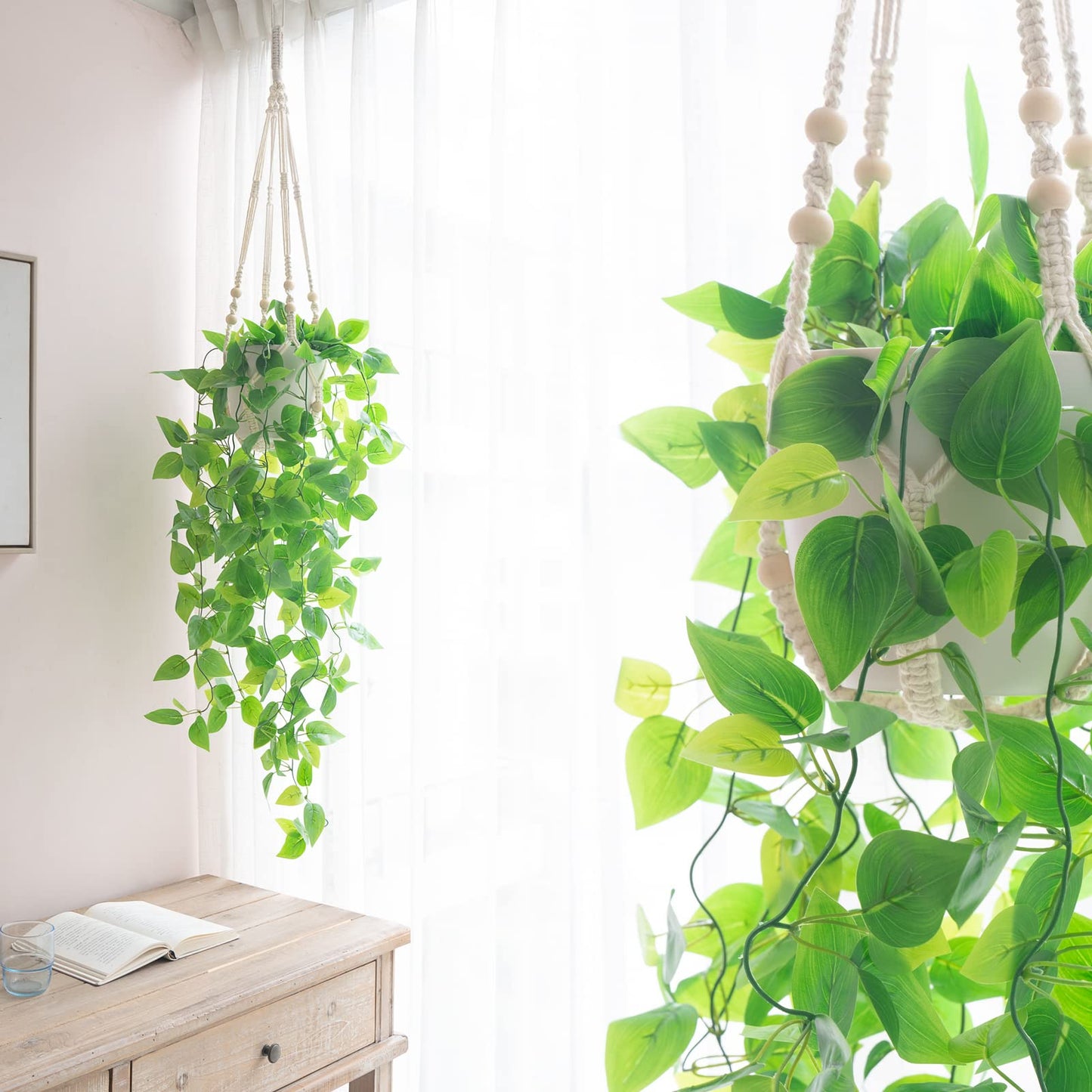 Mkono 3 Pack Macrame Plant Hangers and Ceiling Hooks, Different Size Hanging Planter Basket Flower Pot Holder with Beads，Medium, Ivory