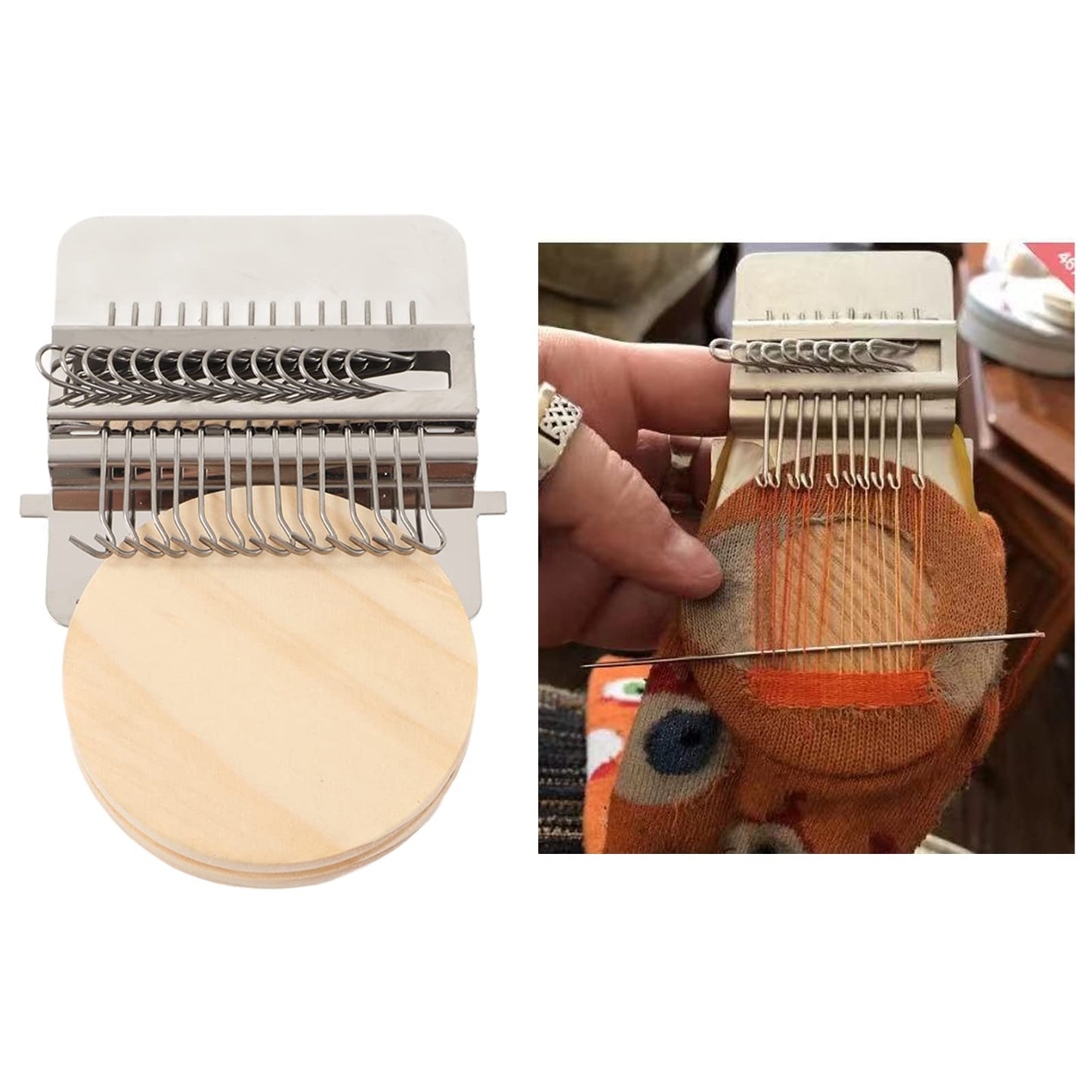 Joyzan Small Darning Loom, Speedweve Type Weave Tool Wood Mini Mending Stamping Machine Weaving Patch Kit Quickly Repair Mending Jeans Socks Clothes Stitching Knitting DIY Arts Beginner Holes 14 Hooks