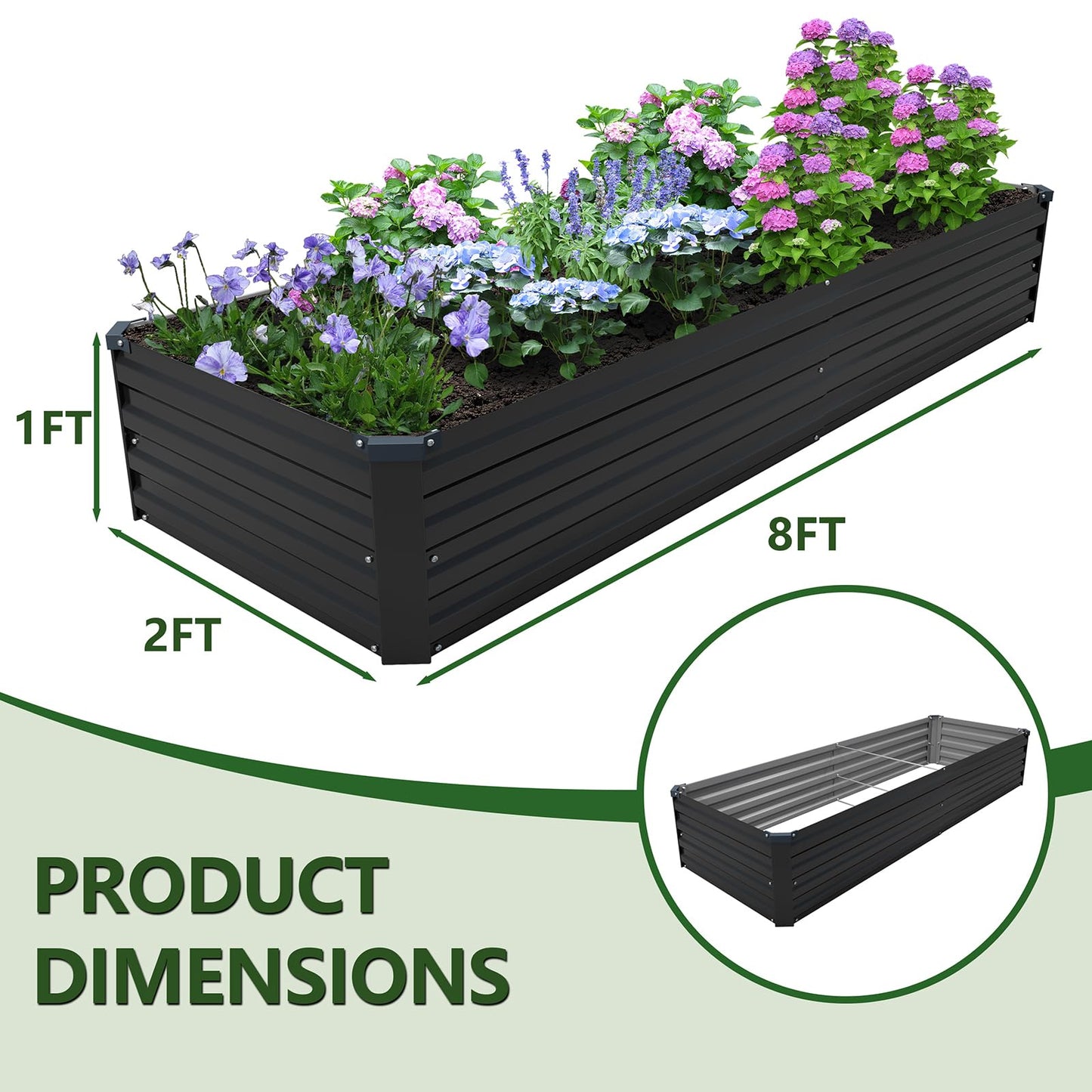 ZUNUDA 8×2×1FT(2PCS) Galvanized Raised Garden Bed Kit Metal Planter Boxes,Large Outdoor Planters Garden for Planting Vegetables,Flowers,Herbs -Black