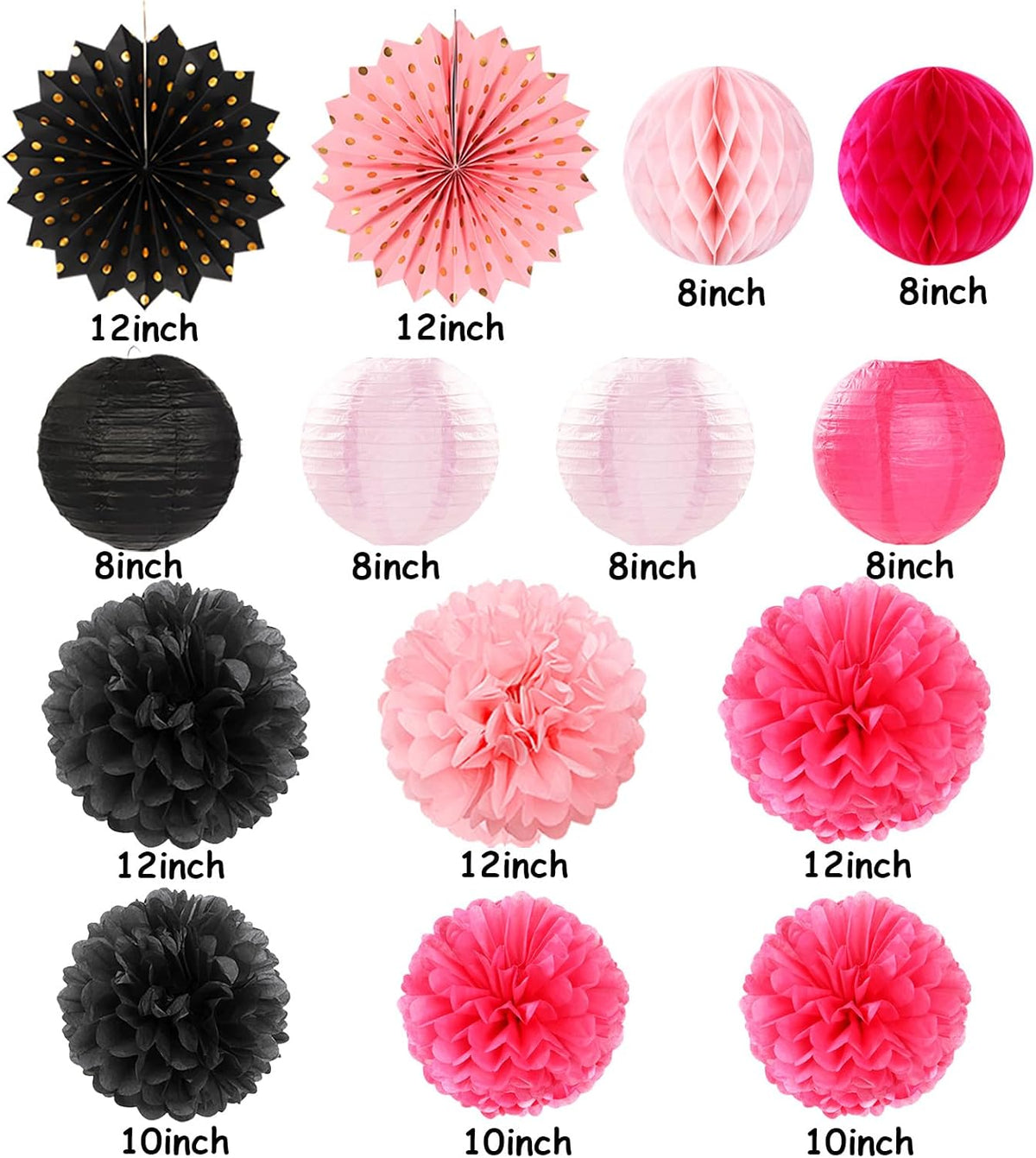 Hot-Pink Black Birthday Party-Decorations Streamers Lanterns - 14pcs Baby Girl Paper Honeycomb Fan,Tissue Pom Poms, Graduation Engagement Bachelorette Backdrop Decor Ouruola