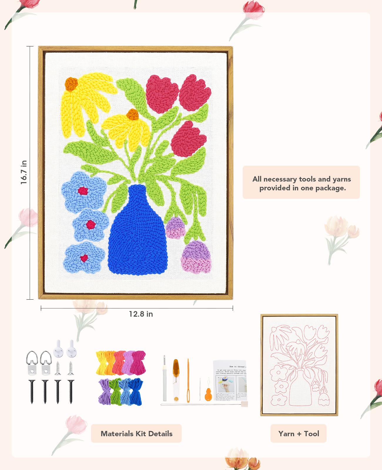 AceList 16" Punch Needle Kit with Wood Display Frame for Adults Beginners, Complete Rug Hooking Set with Adjustable Hoop, 30% Extra Yarn & Pattern Fabric, DIY Home Wall Decor Gift (Flower Vase)