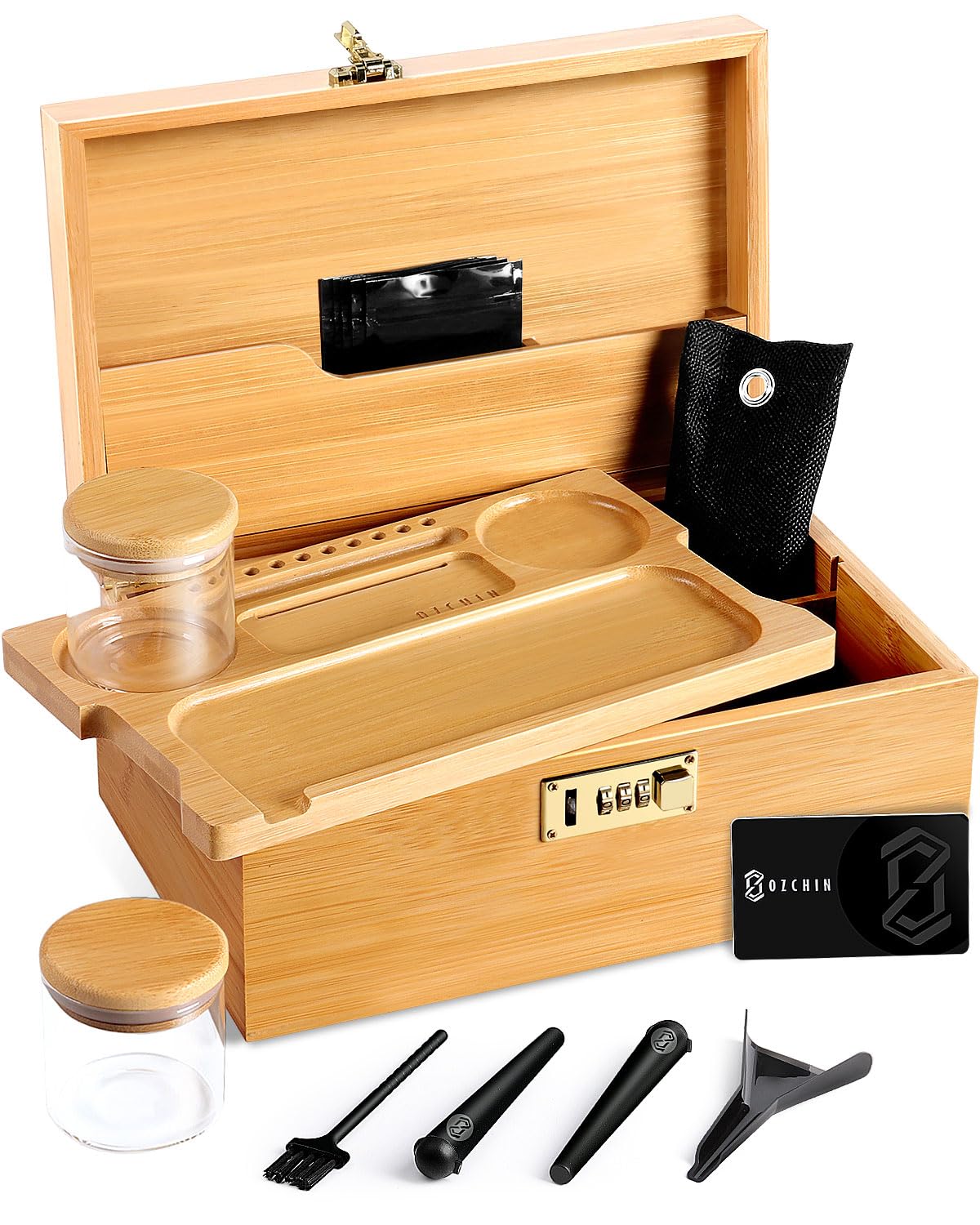 OZCHIN Large Bamboo Box with Combination Lock Decorative box for Home Great Gift Choice Storage Lockbox with Storage Jar, Christmas Gifts for Men Women