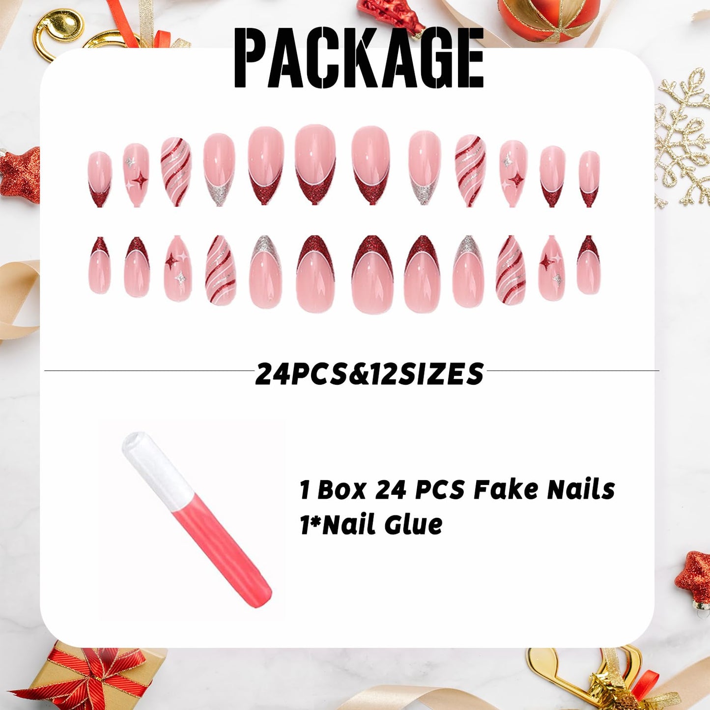 IMSOHOT Press on Nails Medium Almond Fake Nails Red Silver Glitter Glue on Nails Full Cover Cute Bling Star Acrylic False Nails