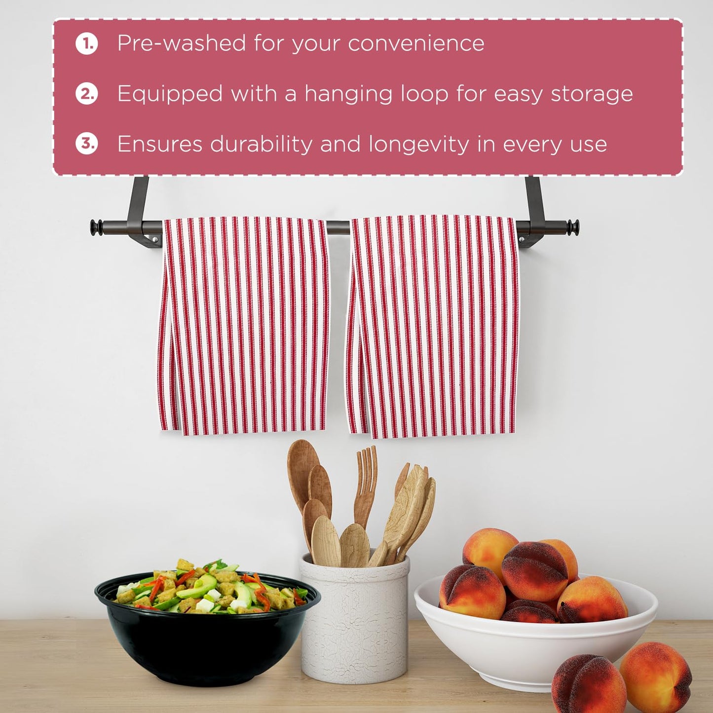 Candy Cottons Stripe Kitchen Dish Towels With Hanging Loop - Boho Absorbent Festive Gift Set of 6 - Reusable 18x28 Inch Pantry Decor - Trendy Spring French Red