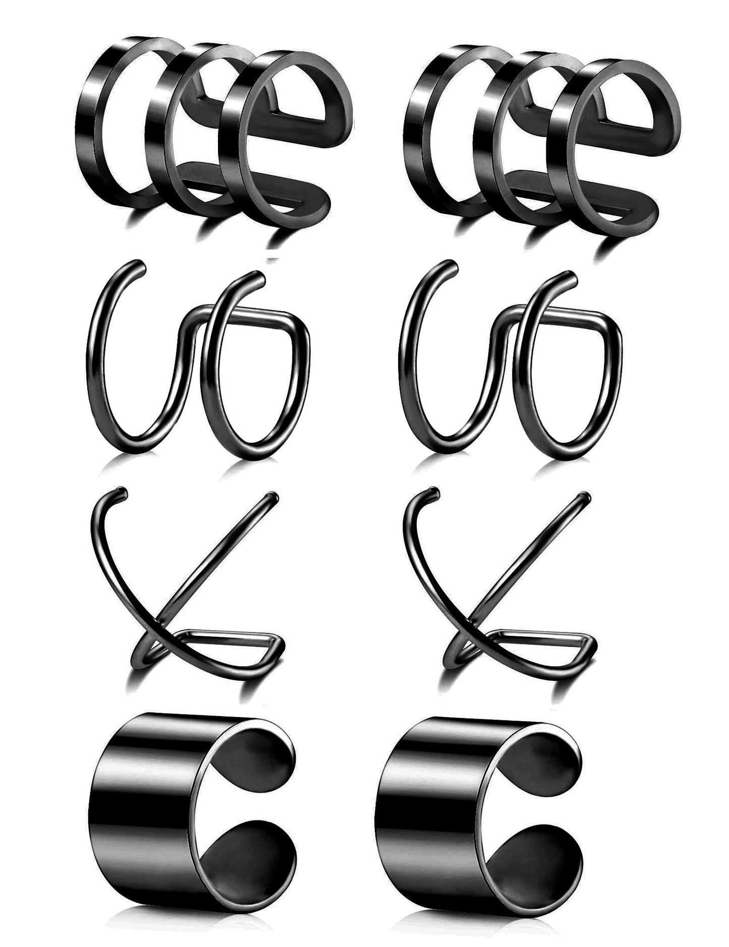 Tornito 4-10 Pairs Stainless Steel Ear Cuff Helix Cartilage Clip On Wrap Earrings Fake Nose Ring Non-Piercing Adjustable (E1:4 Pairs, Black Tone)