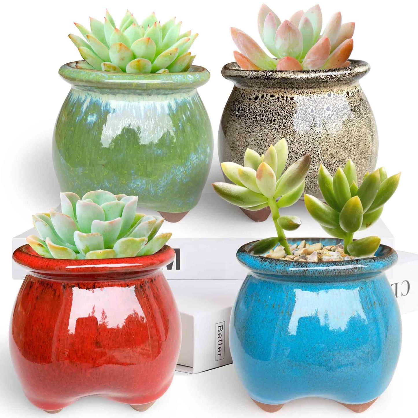 Casktcom 4PCS Handcraft Glazed Succulent Planters，Small Ceramic Succulent Pots with Drainage，Small Pots for Succulents - Mix Color Set