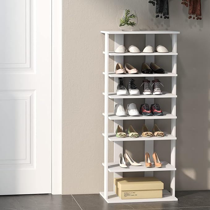 COSTWAY 7 Tiers Shoe Rack, Double Rows Vertical Tall Narrow Patented Shoe Organizer, Free Standing Shoe Rack for Small Space, Entryway, Closet, Living Room, Bedroom (White)