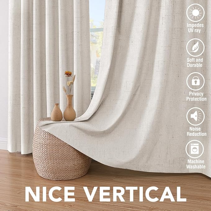 H.VERSAILTEX 100% Blackout Curtains Linen Textured Blackout Curtains for Bedroom Full Light Blocking Thermal Insulated Curtain Panels 84 Inches Long Energy Saving with White Liner, 2 Panels, Ivory