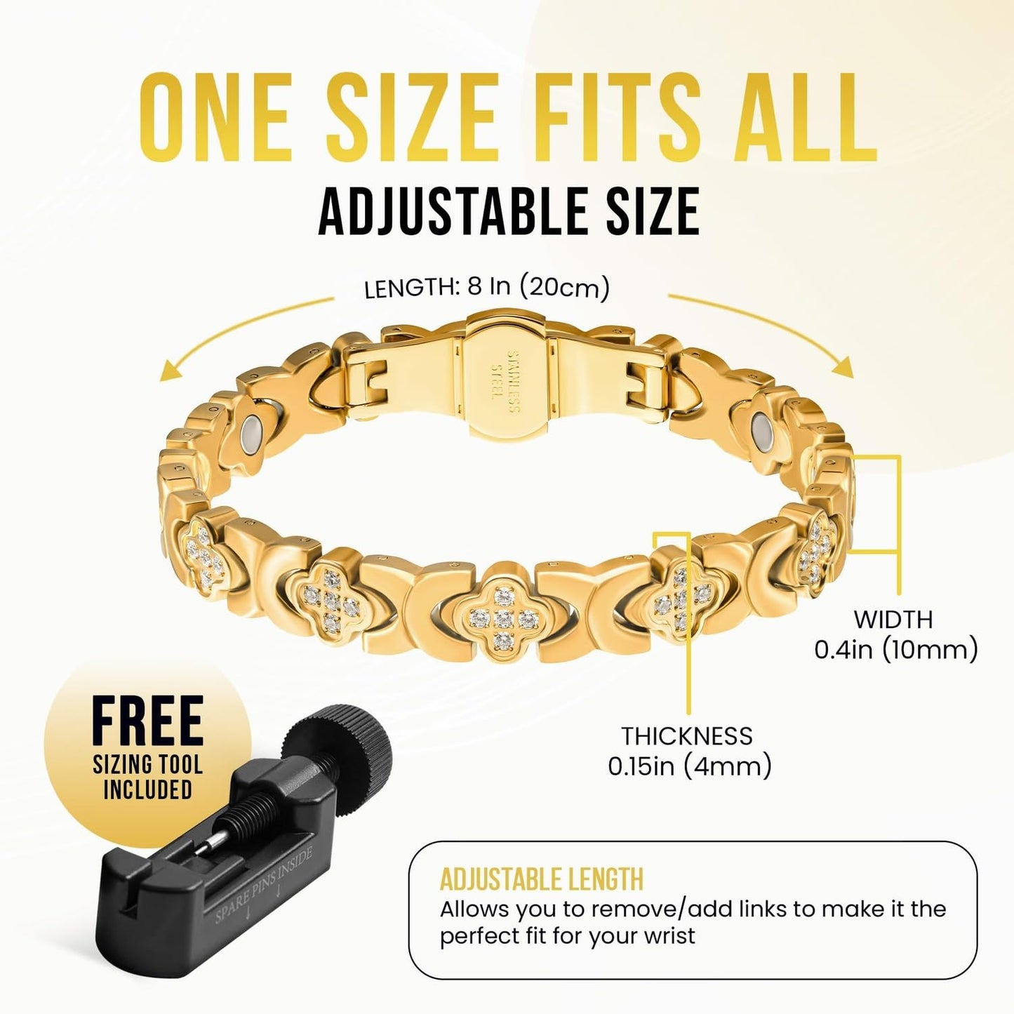 MagnetRX® Magnetic Bracelets for Women — Premium Four Leaf Clover Bracelet with Crystals and Ultra Strength Magnets — Adjustable Length with Included Sizing Tool (Gold)