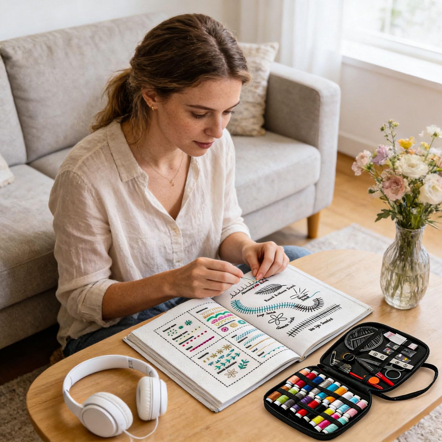 Nichalous Embroidery Stitch Book Kits, Portable All Scenario Embroidery Stitch Book with Fabric Pages, Perfect for Beginners and Craft Lovers, Unique Handmade Gift (A)
