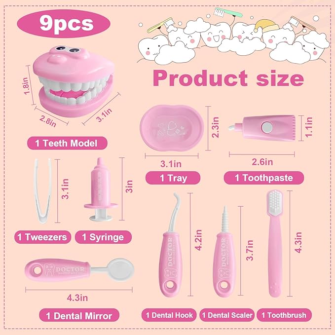 9-Piece Dental Pretend Play Set, Educational Dentist Play Kit with Teeth Model, Toothbrush, Dental Mirror, Syringe, Toothpaste, Tray, and Dental Tools, Fun Pretend Play Doctor Kit for Kids (Pink)