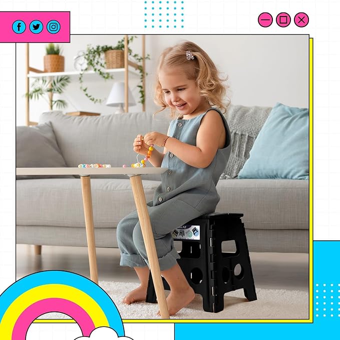 Delxo Folding Step Stool, 13 inch 100 Pack Non-Slip Foldable Stools Up to 300 LBS, Step Stool with Handle, Lightweight for Kitchen, Bathroom, Bedroom, Garden, Black